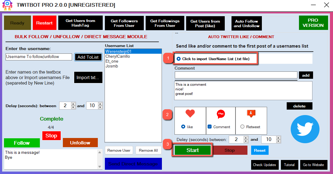 Auto Like Auto Comment and Auto Retweet on Twitter TwitBotPro